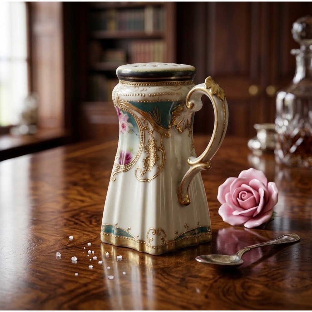 Antique Nippon Hand Painted Porcelain Sugar Shaker Muffineer Rose Moriage Gold